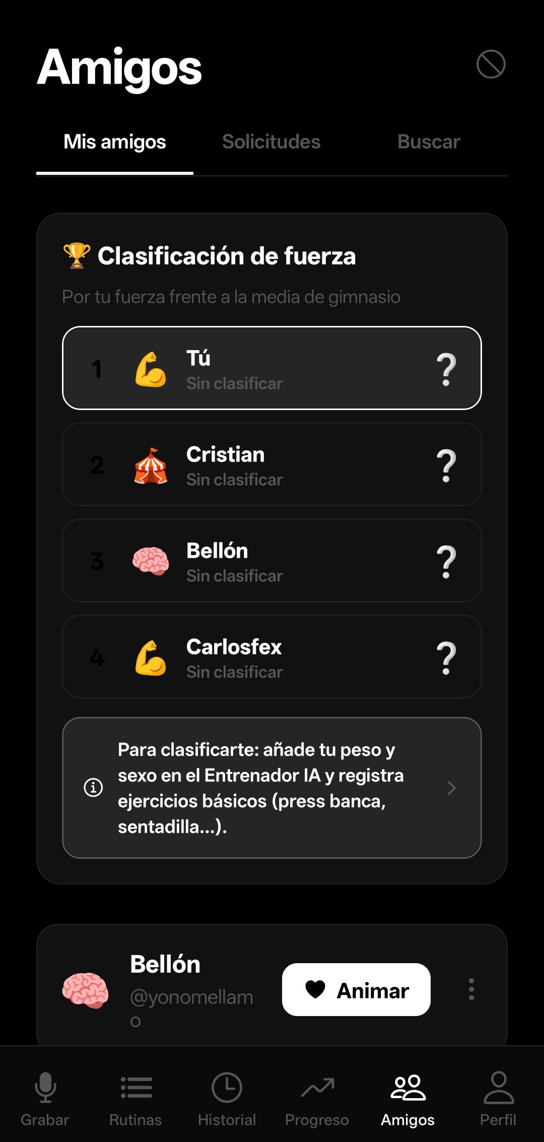 Pantalla de amigos y clasificación de GymSpeak