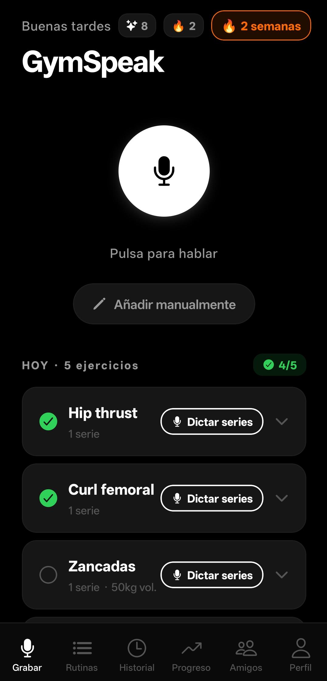 Pantalla de registro por voz de GymSpeak