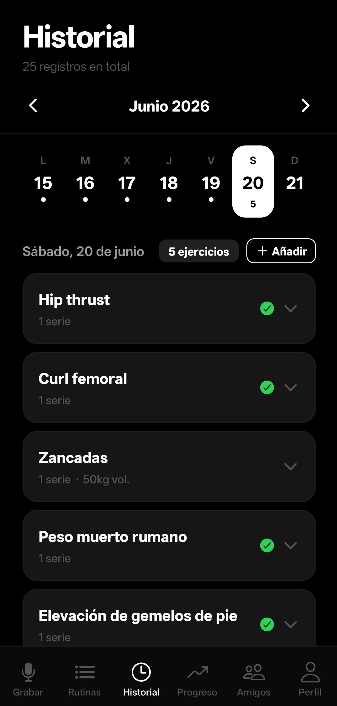 Pantalla de historial de GymSpeak