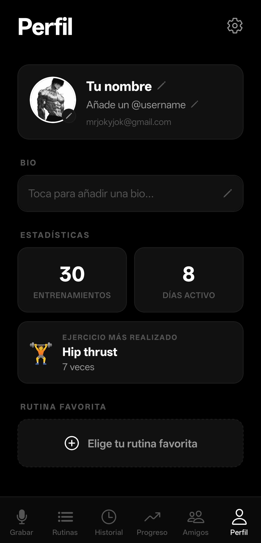 Pantalla de perfil de GymSpeak