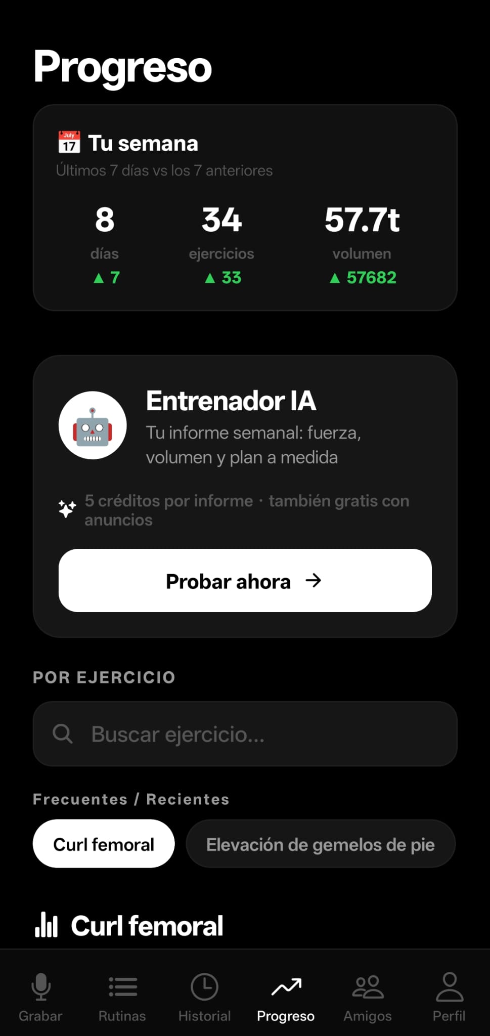 Pantalla de progreso de GymSpeak