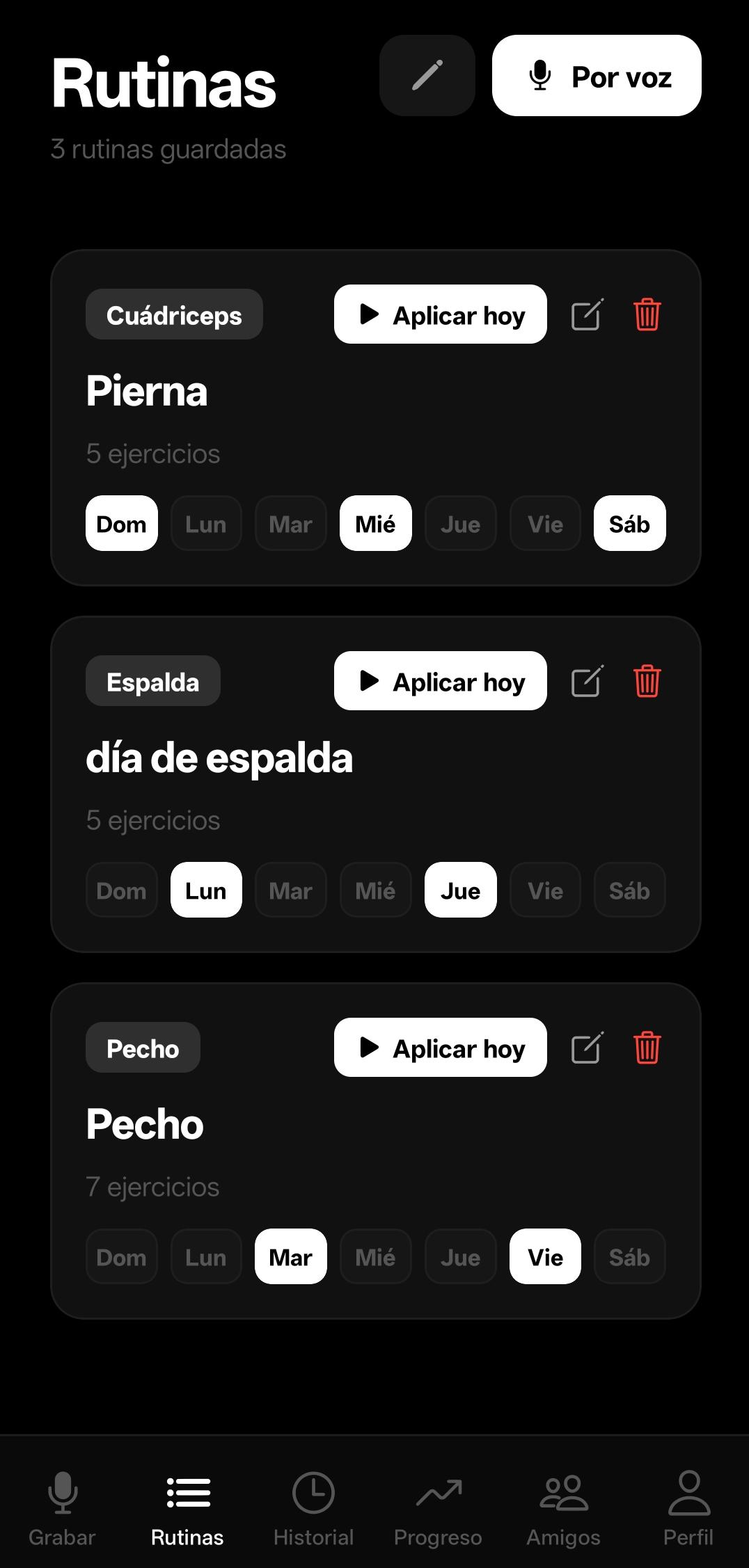 Pantalla de rutinas de GymSpeak
